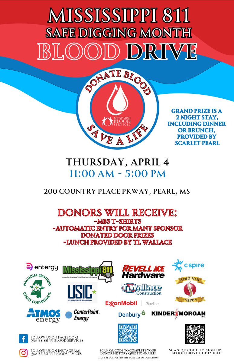 Mississippi811's tweet photo. Only a week left until the Blood Drive! Have you signed up yet? Join us in making a difference by contacting 811 before digging and donating blood to help save a life. Let's countdown together and make a positive impact! #AprilSafeDigMonth #MS811 #DamagePrevention https://t.co/q5Ul7VTBjM