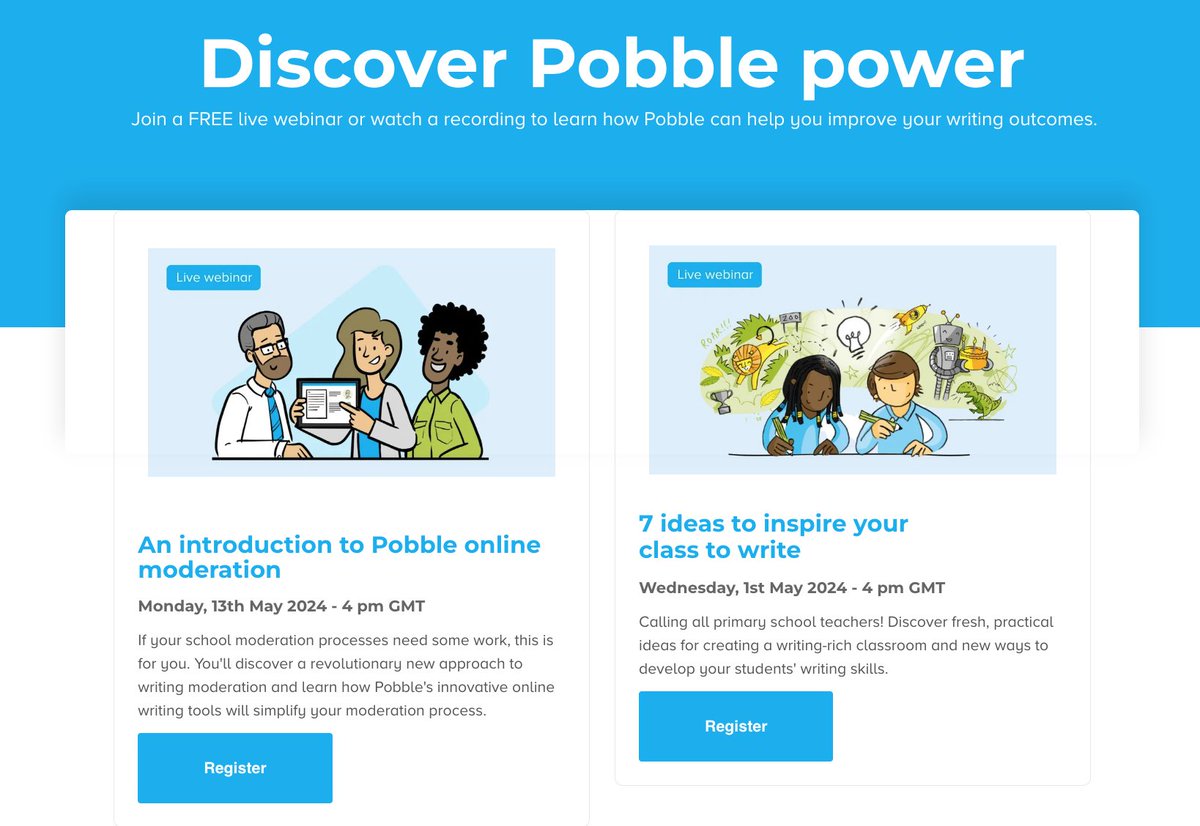 Nice ending the term with another great free Pobble webinar. Interested in learning more about Pobble, then join us at one of our free webinars next term. Sign up at the link below. hubs.la/Q02r4Br80