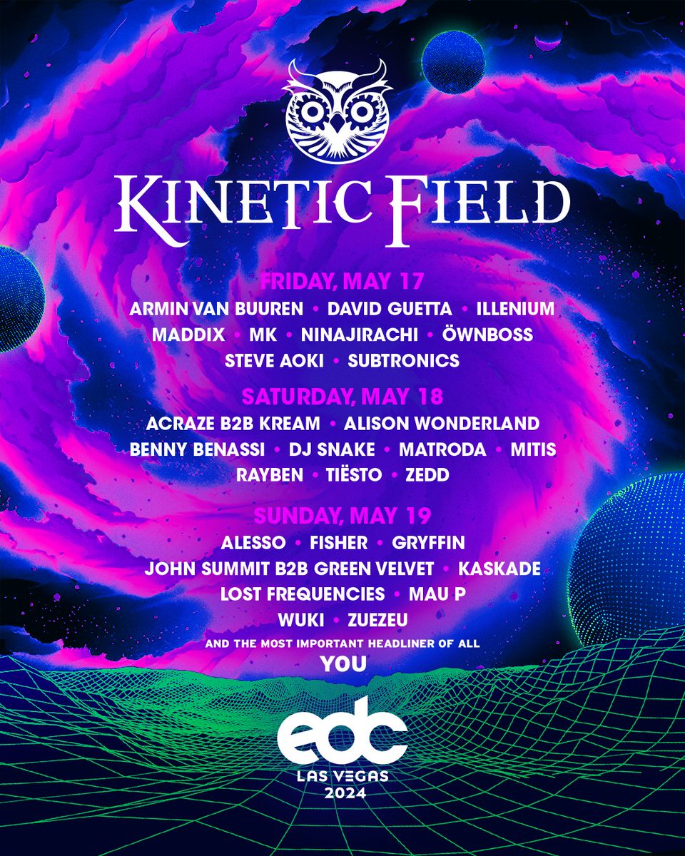 Presenting #kineticFIELD, our Headliner Home where we come together & relish in dance music heaven.🦉🌼 We're ecstatic to celebrate this year's theme of #kineticCIRCLE & experience profound FULL CIRCLE moments as one.✨🫶 #EDCLV2024