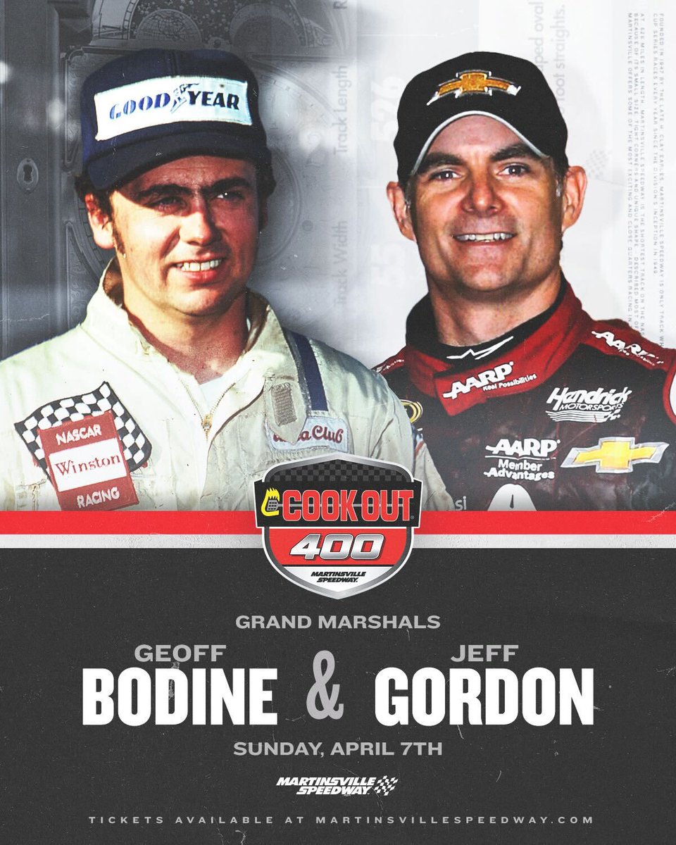 MartinsvilleSwy's tweet photo. We are honored to announce that Geoff Bodine and @JeffGordonWeb will be Co-Grand Marshal's for the #MVSCookOut400 on April 7th! https://t.co/ustO3yTGFU