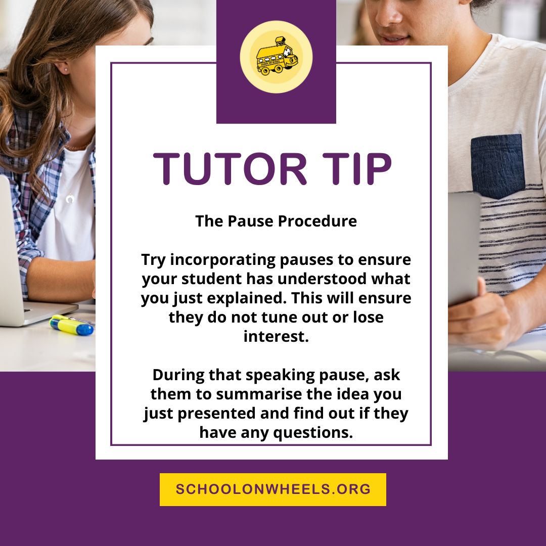Thursday Tutor Tip - Incorporate intentional pauses and check-ins throughout your tutoring session to ensure your students stay engaged and understand what you're explaining to them. #tutoring #studytips #volunteer