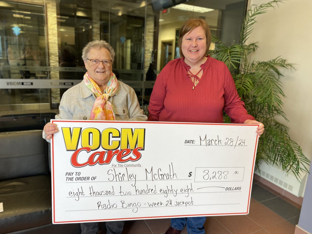 Congratulations Shirley MCGrath of CBS. She won our jackpot on March 23, Week 24. #VOCMCaresRadioBingo
#YourVOCM
#VOCMNews