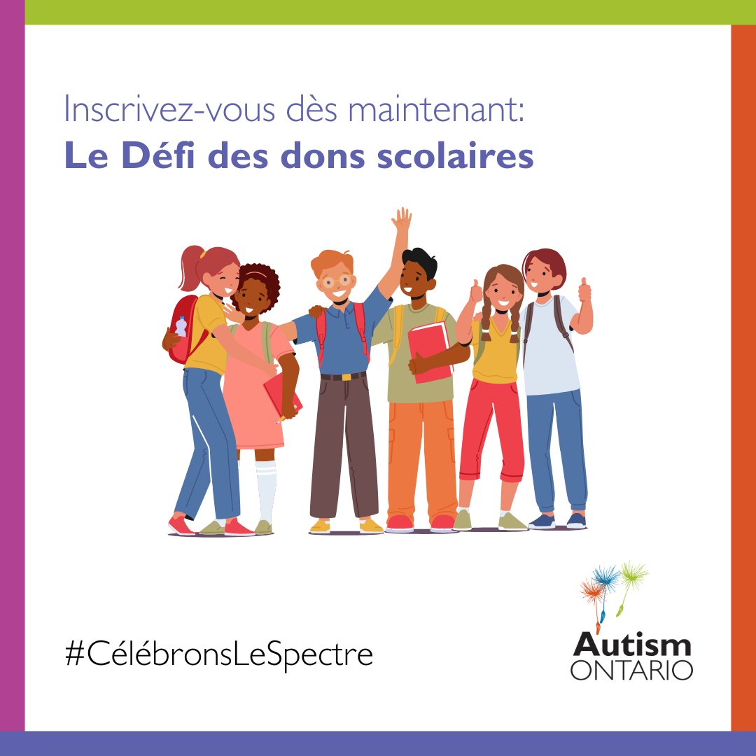 En avril, participez au Défi des dons scolaires « Célébrons le spectre » pour sensibiliser les gens à l'autisme! Pour en savoir plus : celebratethespectrum.com/get-involved/s… #CélébronsLeSpectre #AutismOntario #AutismMatters