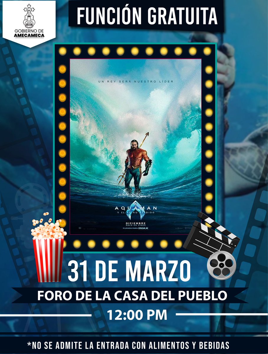 No te puedes perder nuestra función de #Matinée, “Aquaman 2”.🌊
Te esperamos este domingo 🗓️ 31 de marzo a las 🕛 12:00 pm
📍foro de la #CasaDelPueblo.
