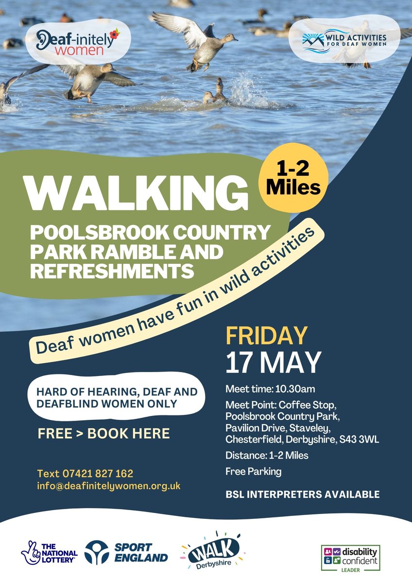 Deaf Women Wild Activities! Walking - Poolsbrook Country Park 🌺 Fri 17 May 2024 🌺 10.30am 🌺 Meet Point: Coffee Stop, Poolsbrook Country Park, Pavilion Drive, Staveley, Chesterfield, Derbyshire, S43 3WL BOOK NOW