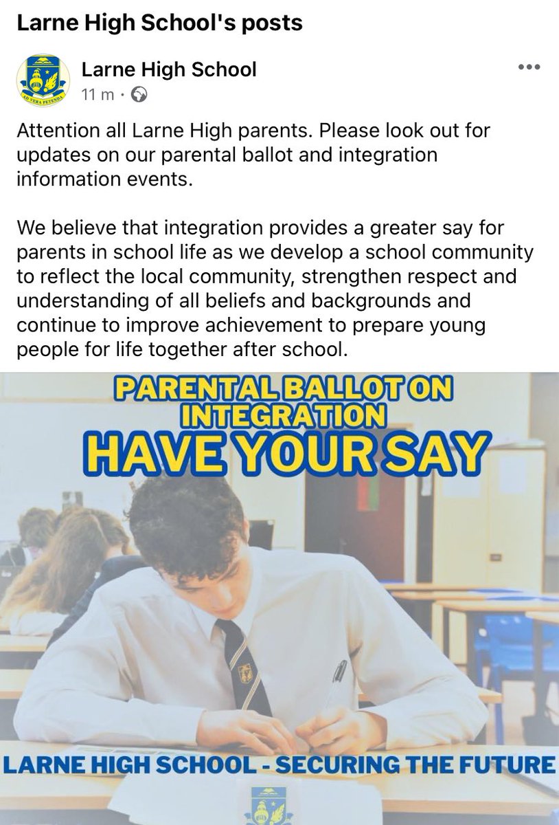 Delighted that the Governors have voted to give parents a voice in the future of the school. Integrated status will have parents greater involvement in the school and increased representation on the Board of Governors. Parental ballot will take place mid-May.