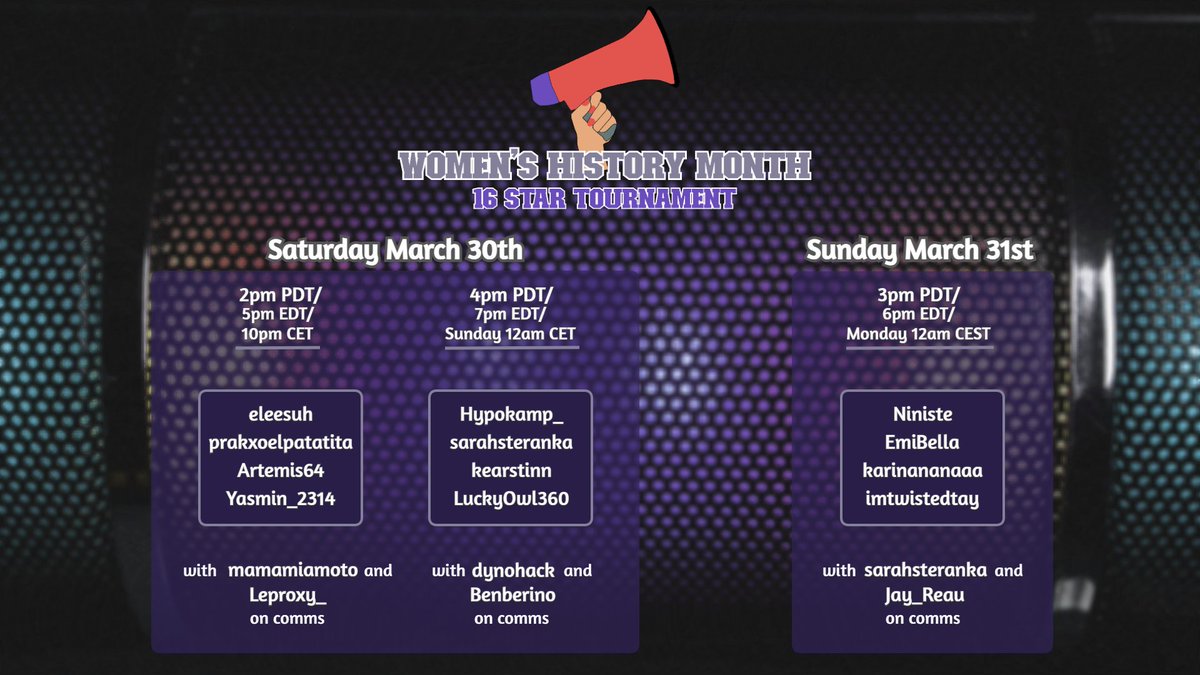 This weekend will wrap up Women's History Month with the last of round 1 in main bracket! Come celebrate with us!