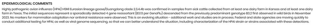 US: Avian flu in cattle -  H5N1 clade identified

'H5N1 Eurasian lineage  goose/Guangdong clade 2.3.4.4b was confirmed in samples from sick cattle collected from at least one dairy farm in Kansas and at least one dairy farm in Texas.'

WAHIS
wahis.woah.org/#/in-review/44…