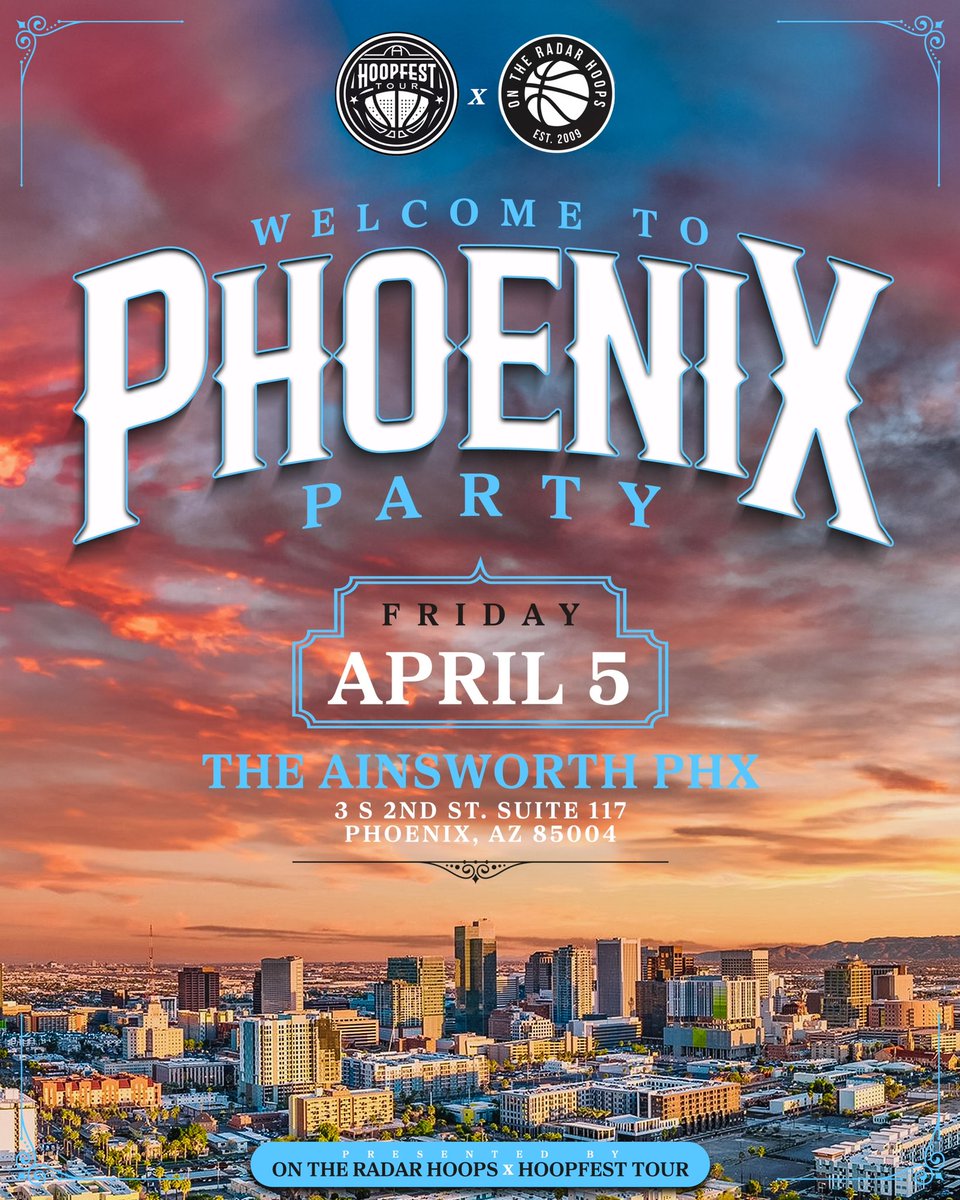 We are back again in a new city with the same purpose, to network. The Welcome to Phoenix Party will be hosted by On the Radar Hoops @OTRHoops and The Hoopfest Tour @Mal_Mundy 📍: The Ainsworth Phx 🗓️: April 5 ⏰: 8pm-2am INFO: hoopfeststour.com/2024/03/13/wel…