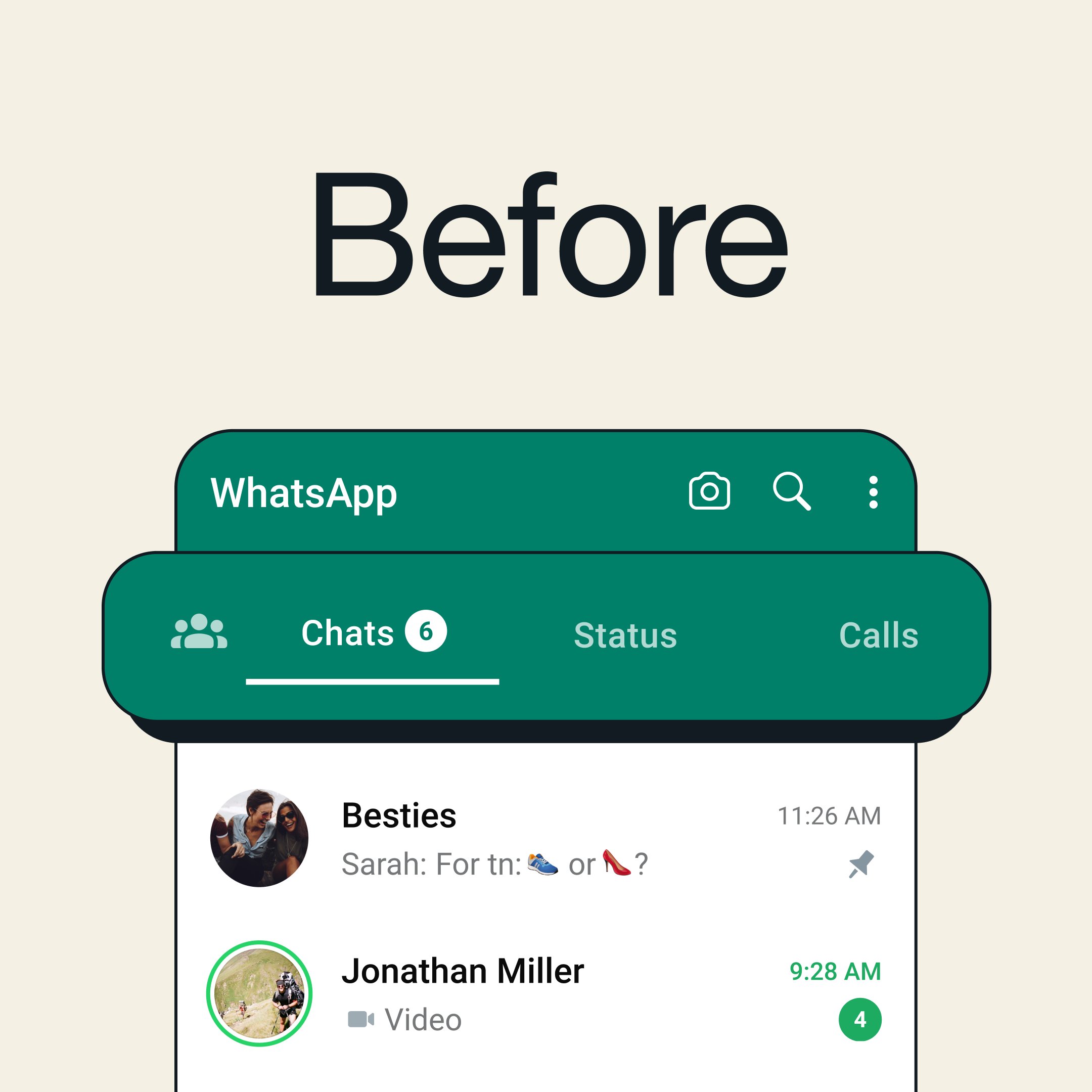 Old WhatsApp UI where chats, status, and calls can be accessed at the top of the screen 