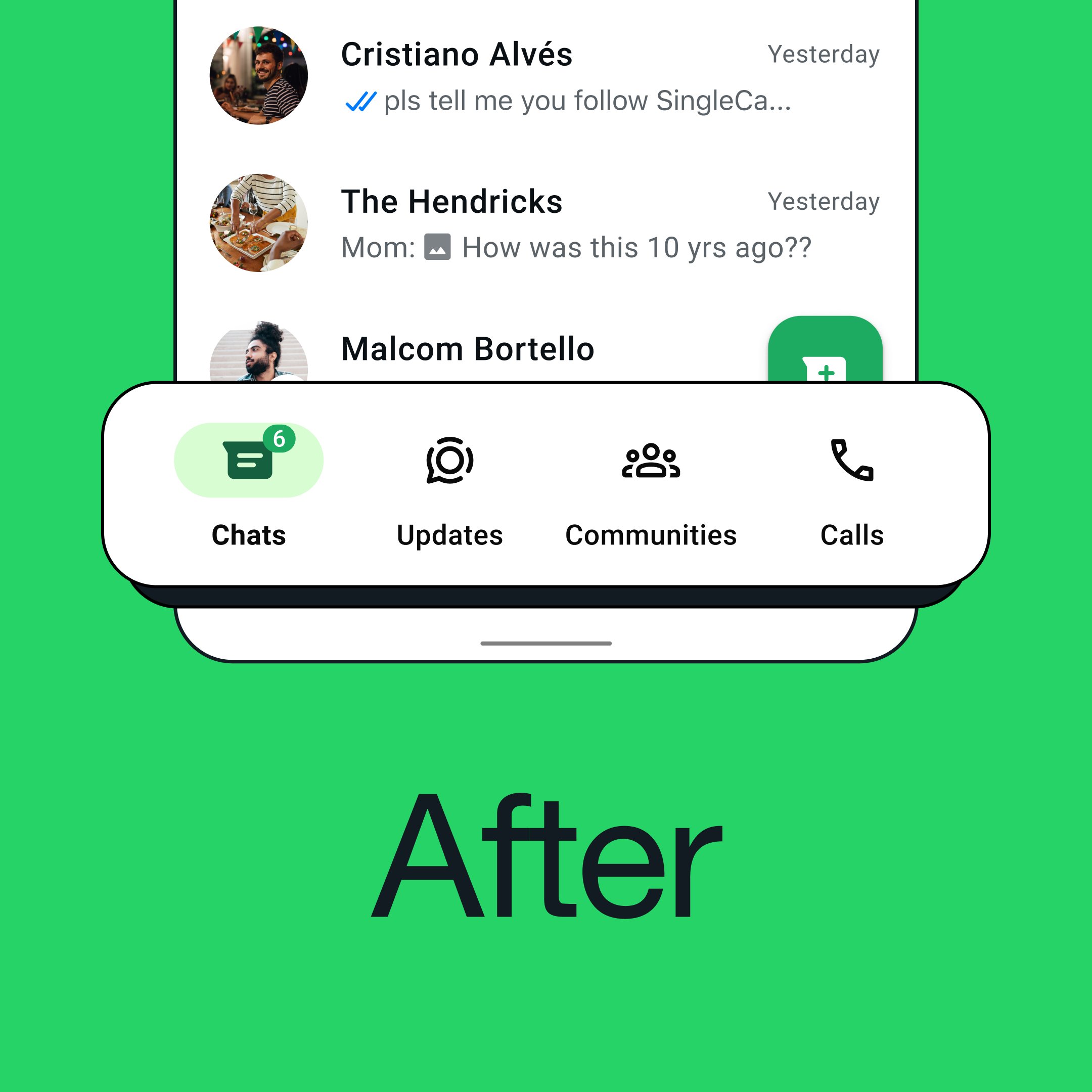 New WhatsApp UI where chats, updates, communities, and calls can be accessed at the bottom of the screen 