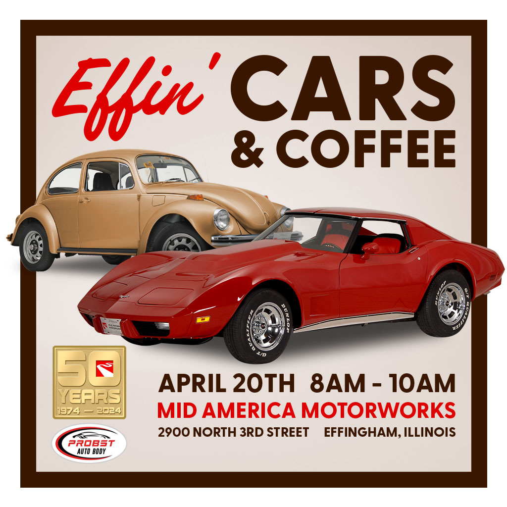 Join us tomorrow morning, bright and early, for our Effin' Cars and Coffee from 8am to 10am here at Mid-America Motorworks in Effingham with Probst Auto Body!  All makes and models welcome to attend!
#acvwPassion #ACVW #VWLIFE #VWBeetle #VWBus #VWGhia