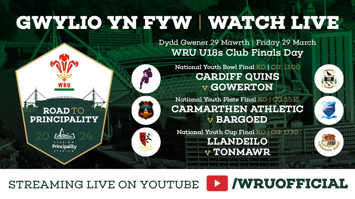 Tomorrow @principalitysta we are ready to welcome @GowertonYouth @CardiffQuinsRFC @CarmAthletic @Bargoedrfc @TonmawrRFC @LlandeiloRugby for the National Youth Finals Day! Sleep well everyone - the stage awaits! #YouthRugbyRising #RTP24