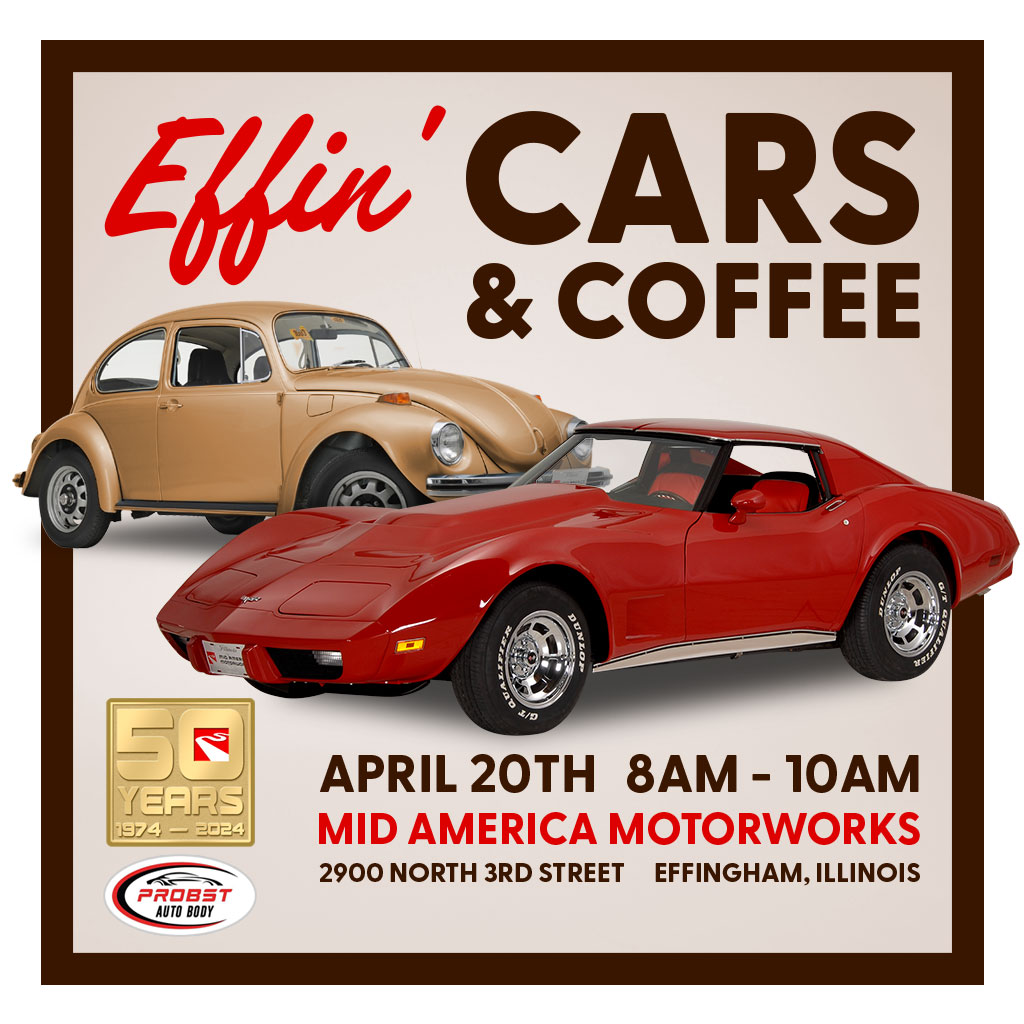 Join us Saturday morning, bright and early, for our Effin' Cars and Coffee from 8am to 10am here at Mid-America Motorworks in Effingham with Probst Auto Body!  All makes and models welcome to attend!
#acvwPassion #ACVW #VWLIFE #VWBeetle #VWBus #VWGhia