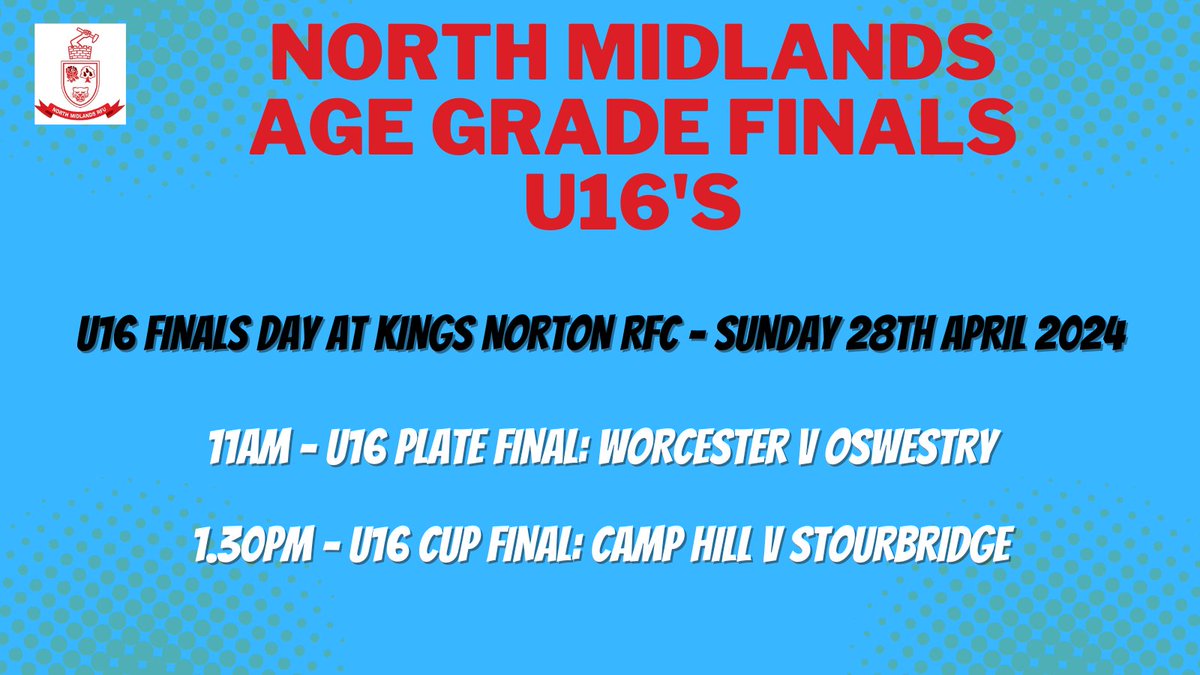 Congratulations to @WorcsRFC / @Oswestryrugby / @CampHillRugby and @StourbridgeRFC U16's reaching the finals of the North Midlands RFU Age Grade 2024 Competition @KingsNortonRFC Full details for supporters will be posted on the website in the coming days 👋👋