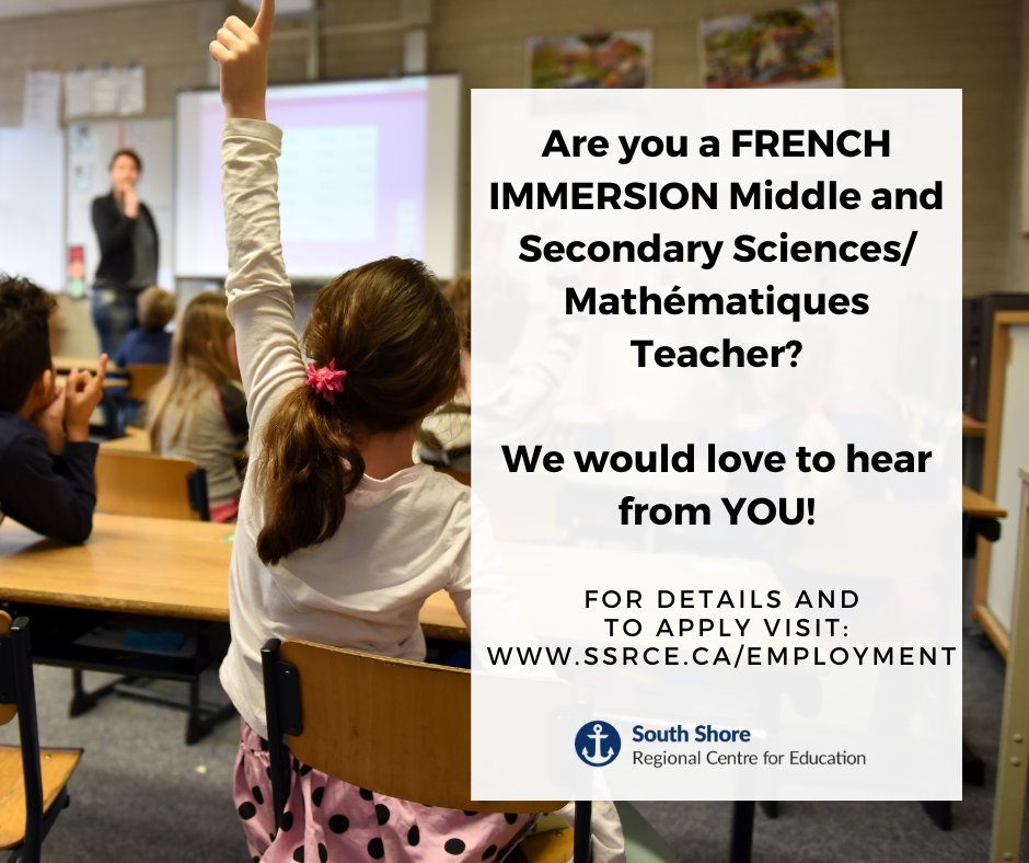 Are you a FRENCH IMMERSION Middle and Secondary Sciences / Mathématiques Teacher? We are looking hiring for the 2024-25 school year with the possibility of a permanent contract in Middle or Secondary French Immersion Science and Math. jobs.ednet.ns.ca/job/Bridgewate…