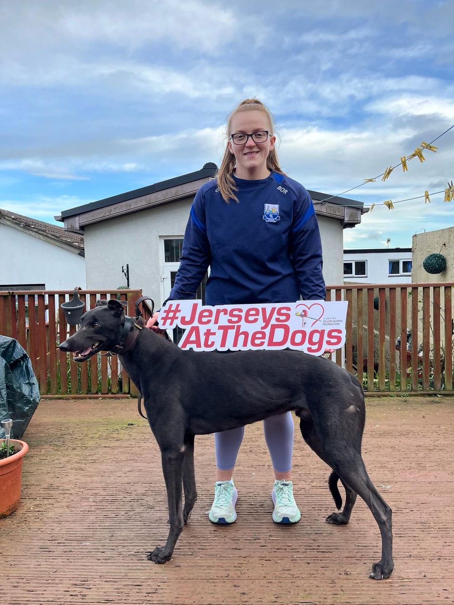 Brianna O'Regan, @deisecamogie player, helping us to spread the word about #JerseysAtTheDogs on Saturday 6th April 👕 Wear your jersey & support the Dillon Quirke Foundation by donating, big or small, on the night ➡️ grireland.ie/JerseysAtTheDo… #ThisRunsDeep #GoGreyhoundRacing