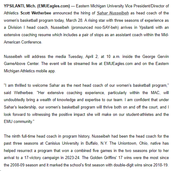 Raoul_000's tweet photo. Sahar Nusseibeh has been named the new Eastern Michigan WBB head coach after three years as the head coach at Canisius https://t.co/hh3TclTmmu https://t.co/FQS8p5TrNf