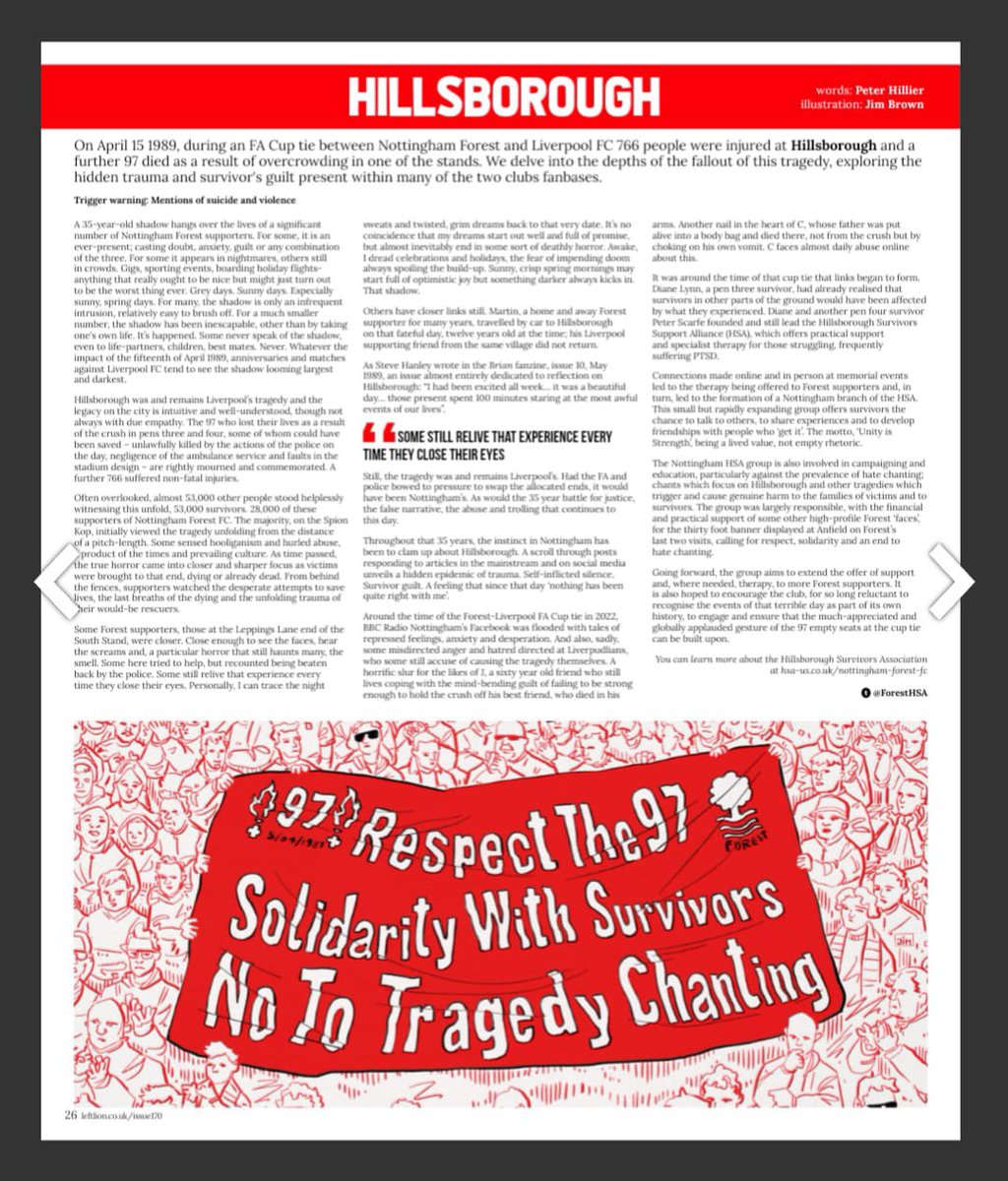 Very, very grateful to the lovely people at @LeftLion, Nottingham’s listings and cultural monthly, for encouraging me to write this piece on the continuing aftershocks of #hillsborough and then publishing it today. ❤️🔥🤝✊