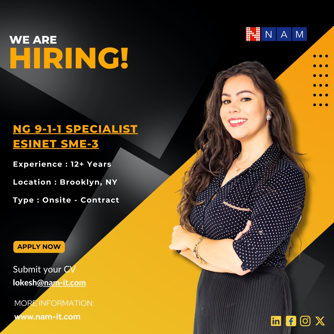 Hiring  #NG911 specialist #ESINET SME-3

Exp : 12+ yrs
Location : Brooklyn, NY
Type : Onsite - Contract

For full JD and apply visit linkedin.com/jobs/view/3868…

For more info : lokesh@nam-it.com

#Brooklynjobs #leadengineer #ESInetarchitecture #OSPconnectivity #networktechnology