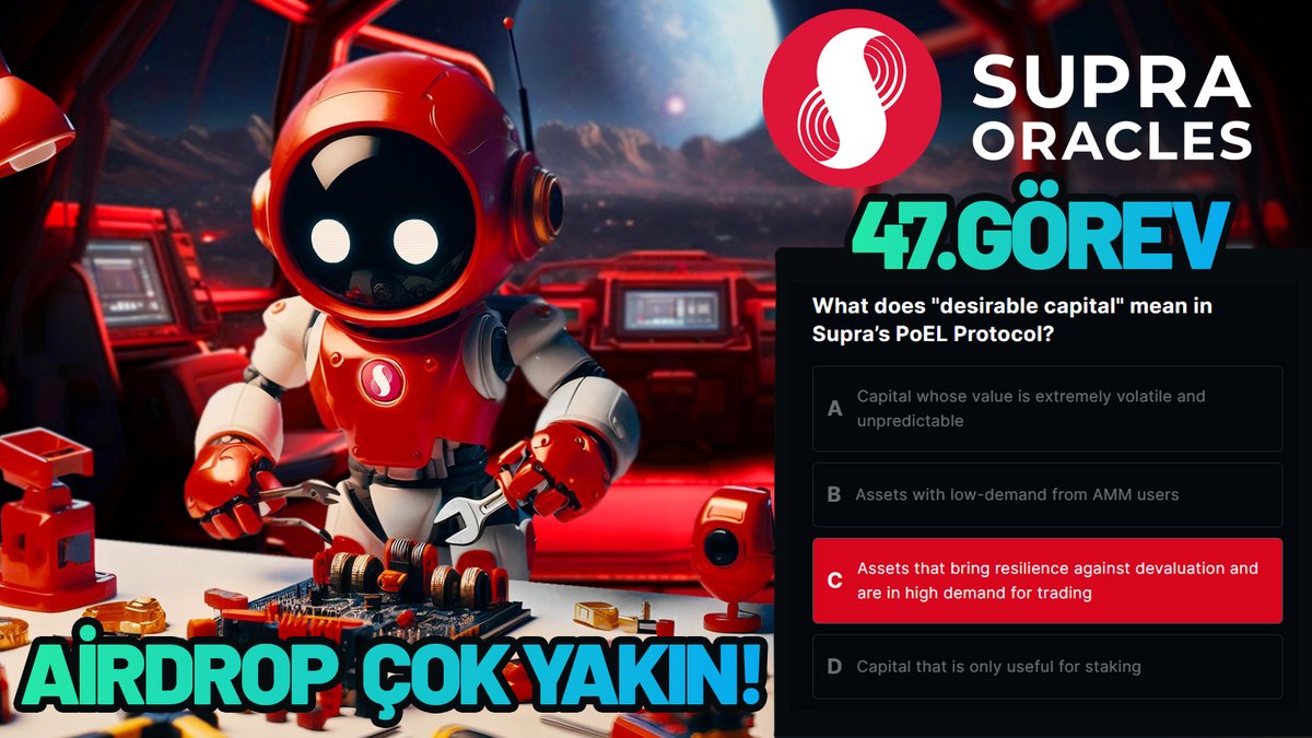 isnotberlin's tweet image. ⚡️ #SupraOracles  47. Görev!

Herkese merhaba,

▪️ supra.com/blastoff/learn…

SupraOracles 47.Görevi cevapları, sizin doğru cevap hangisiyse lütfen onu seçin:

▪️ Assets that bring resilience against devaluation and are in high demand for trading

▪️ To maximize utility of capital…