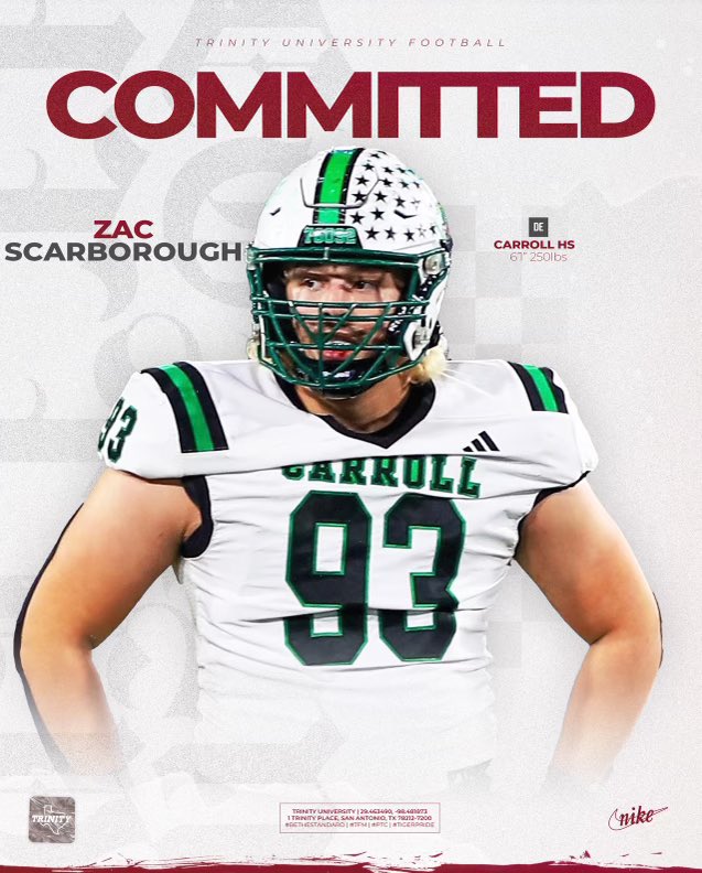 I am excited to announce that I have committed to Trinity University!
<a href="/coachH2bwill/">Brandon Williams</a> <a href="/Donald_Driver80/">Donald Driver</a> <a href="/CoachRazloznik/">Coach Sean Razloznik</a> <a href="/TUFootballTX/">Trinity University Football</a> <a href="/JerhemeUrban83/">Jerheme Urban</a> <a href="/CoachMichalak/">Coach Michalak</a>