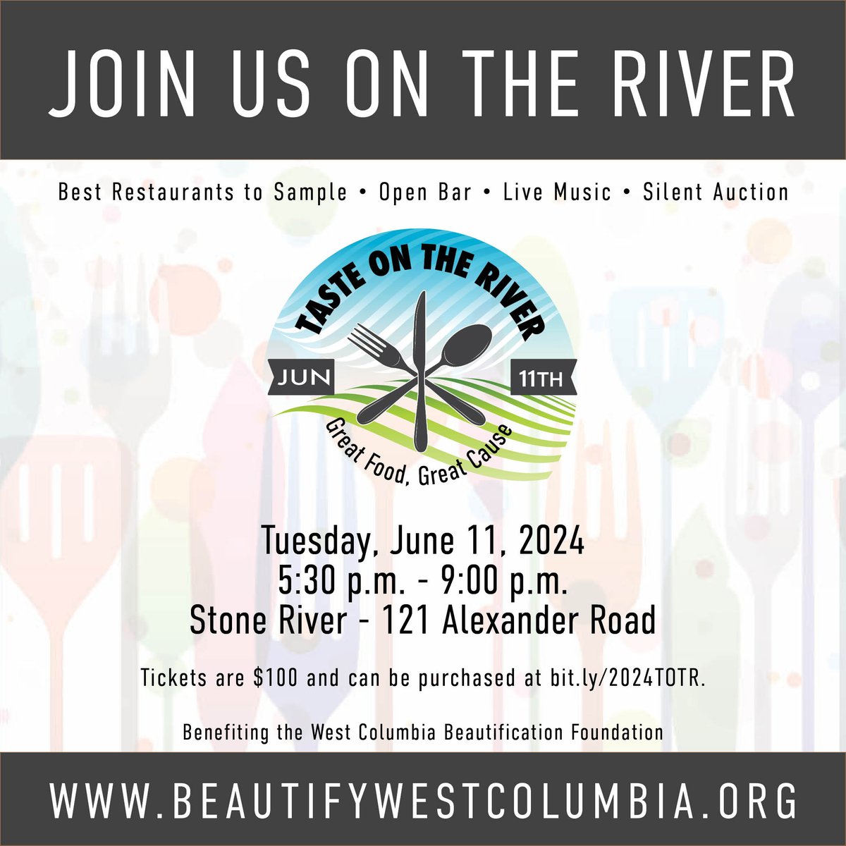 The 8th Annual Taste on the River is back on Tuesday, June 11, at Stone River from 5:30 p.m. - 9:00 p.m.! All proceeds go towards making our city even more beautiful. 🌻 Get your tickets here: bit.ly/2024TOTR #WeCoSC #HeadWest #WeCommunity #TasteOnTheRiver