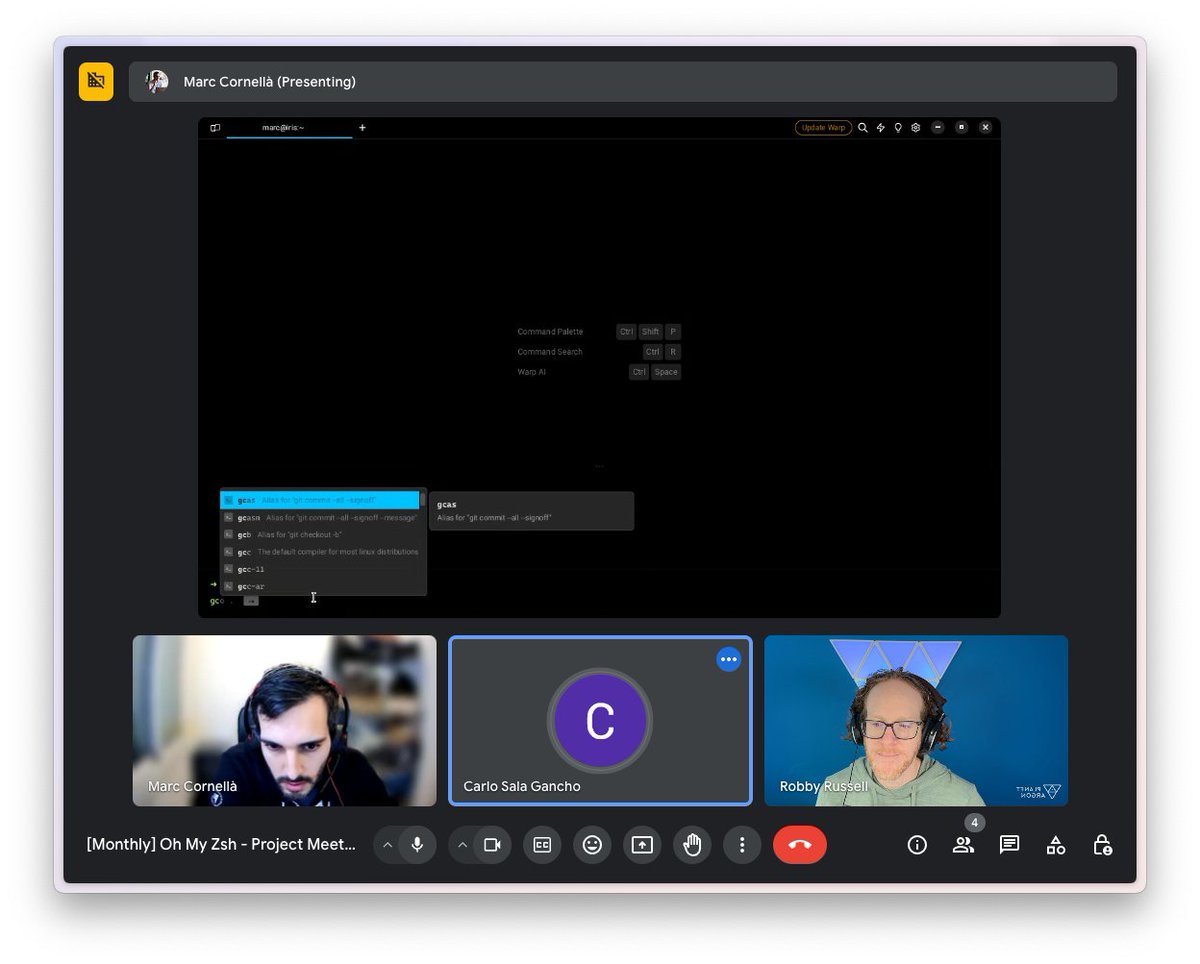 Getting a demo of @warpdotdev on Linux by @MarcCornella in our monthly @ohmyzsh maintainer meetup after talking about Ghostty. So much progress on the terminal UX front in recent years!