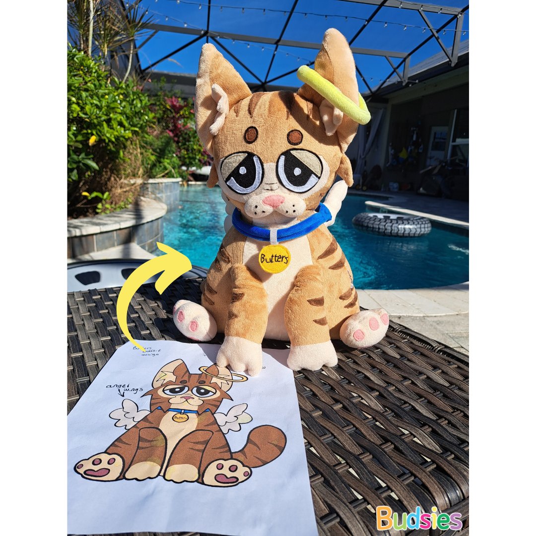 A plush to honor a special friend. 💛 Butters was this artist’s cat who passed away. To honor Butters the artist decided to have their drawing of him turned into a plush with a halo and wings. Now they have a way to remember and honor their beloved companion forever. 🐾 🐱