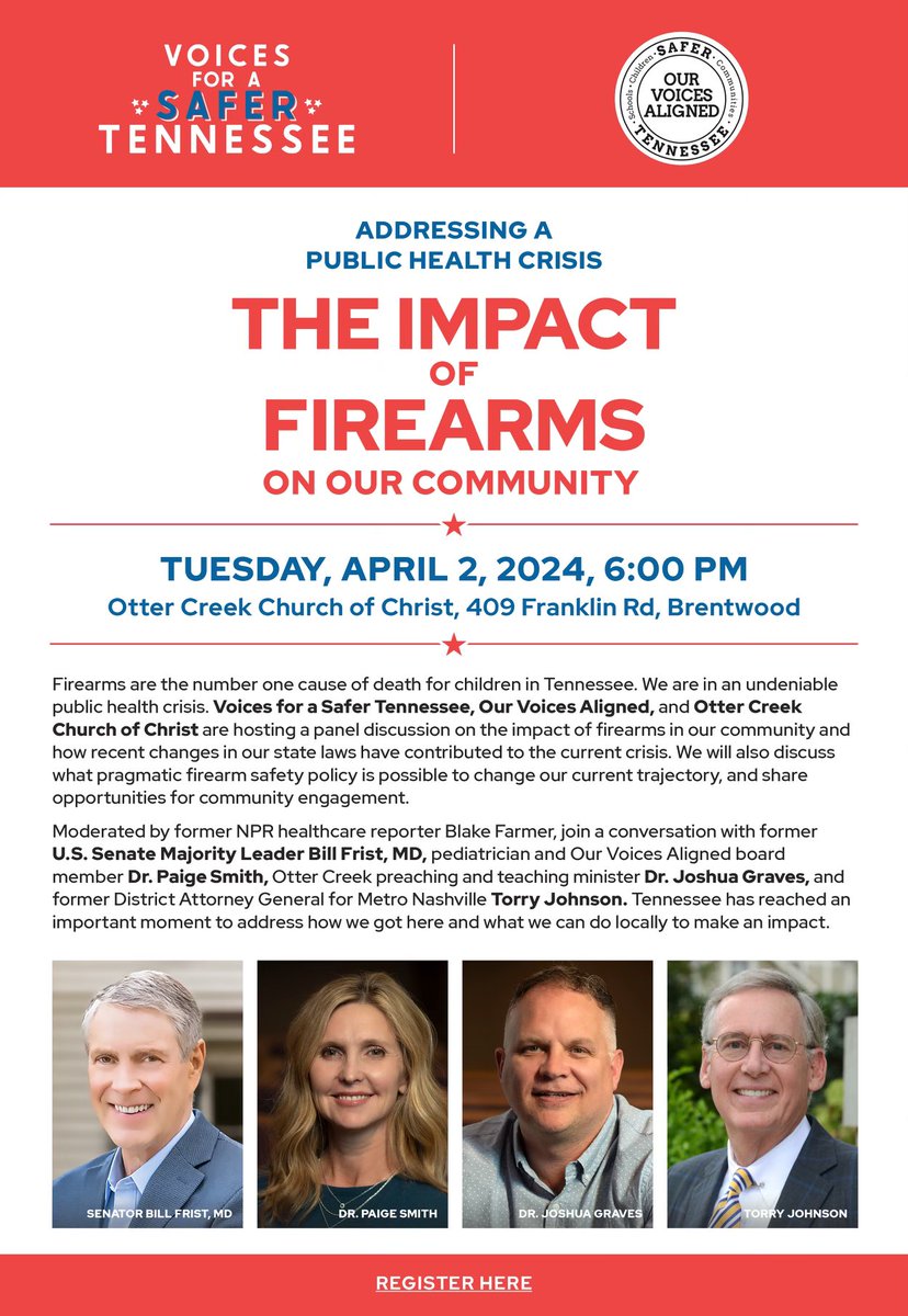 Please join Tues., April 2 @ 6pm as we hold a Community Conversation in BRENTWOOD @ottercreekchurch.🔗 to register: safertn.org/events/william…