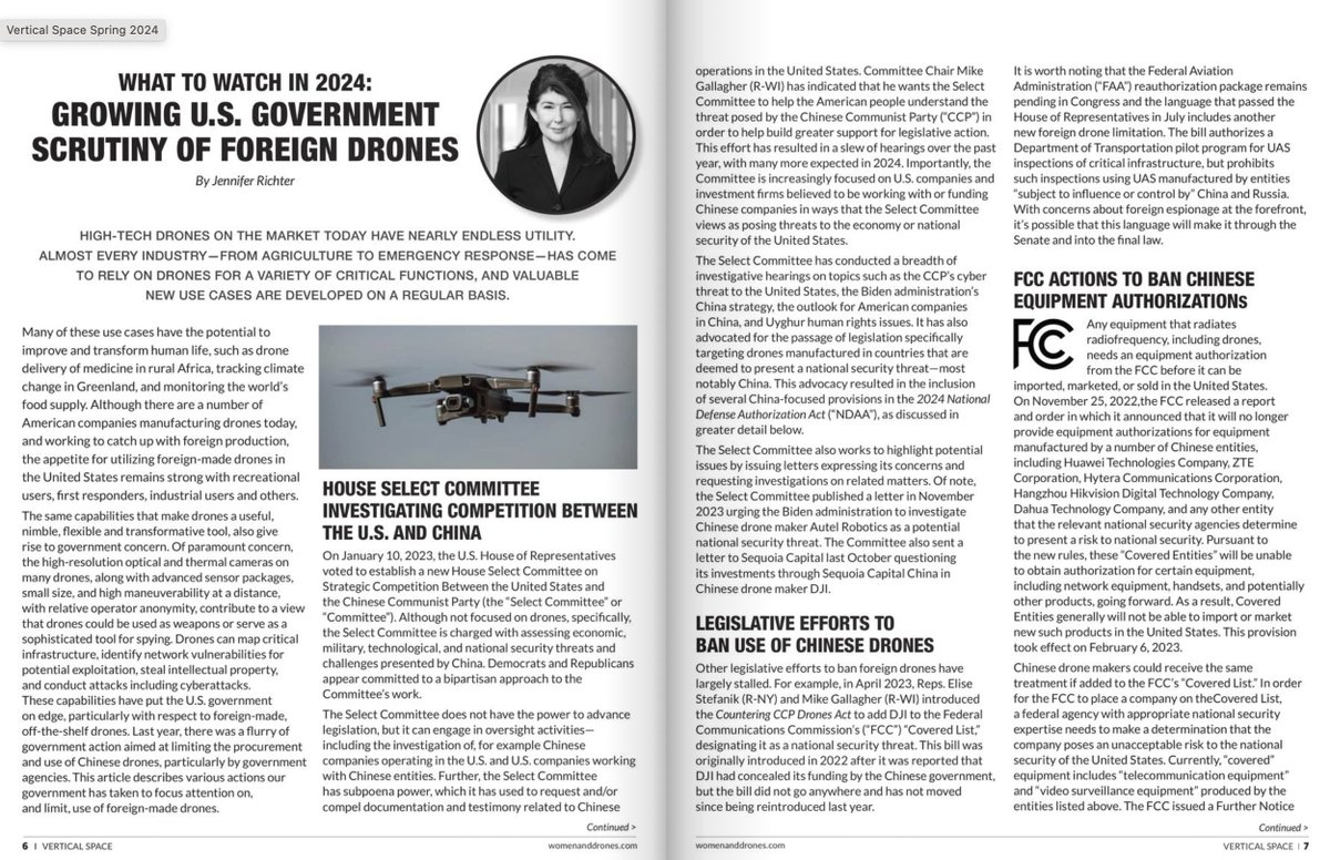 The latest on U.S. scrutiny over foreign drones? Our spring issue of Vertical Space eMagazine has an excellent article with updates from the legal perspective of @akin_gump 's Jennifer Richter. Read Vertical Space here ➡ bit.ly/49nFzny #womenanddrones