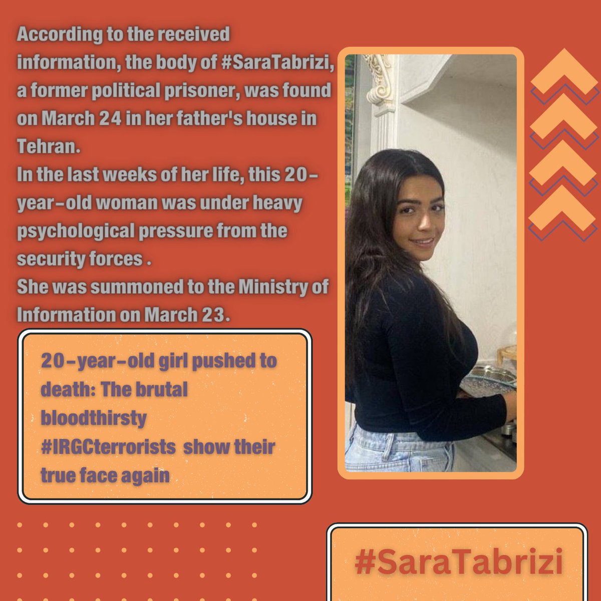 #SaraTabrizi, 20, once a political prisoner, found dead after being summoned by the Ministry of Intelligence. #IRGCterrorists had threatened to expose her private information if she doesn't cooperate! 
Demand justice for Sara!