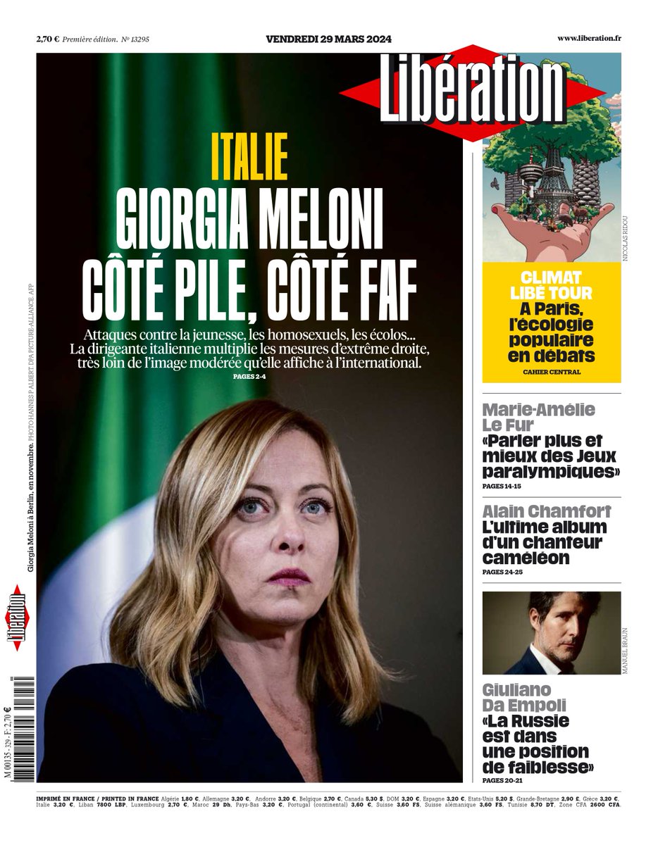 🗞️ «Italie : Giorgia Meloni, côté pile, côté faf» Voici la une de Libération ce vendredi. Lire : journal.liberation.fr