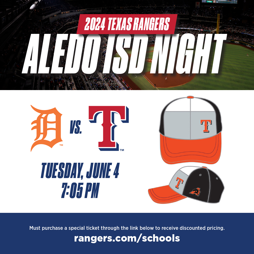 It's Opening Day ⚾️💙❤️and a reminder that Aledo ISD Night at the WORLD SERIES CHAMP @Rangers game is June 4 & tickets are on sale now! Get out to Globe Life Field for Rangers vs. Detroit & get this limited edition AISD-Rangers hat when you purchase at: rangers.com/schools!