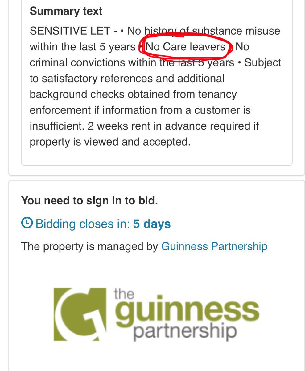 Can’t believe I missed this… an advert for social housing in Feb banned care leavers from applying! 😡 ‘No Care leavers’ was the exact wording used by Guinness Partnership, one of the UK’s largest providers. 🏠 It’s since been taken down… but how (& WHY) did this happen? #CEP