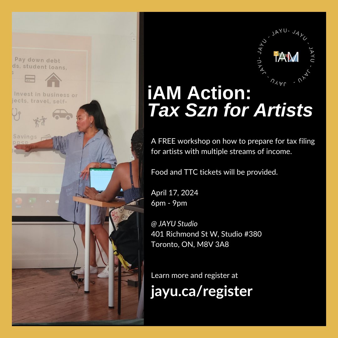 JAYU (@jayucanada) on Twitter photo TAX SZN 4 ARTISTS!!! Self-employed artists—get organized for tax season. Register➡️jayu.ca/taxszn
Big thanks to our supporters who make this program possible TD @ongov <a href="/ONArtsCouncil/">Ontario Arts Council</a> <a href="/TheDanielsCorp/">The Daniels Corporation</a> <a href="/canadalifeco/">Canada Life</a> <a href="/TorontoArts/">Toronto Arts Council & Toronto Arts Foundation</a> <a href="/UWGreaterTO/">United Way Greater Toronto</a> <a href="/CdnHeritage/">Canadian Heritage</a> <a href="/RBC/">RBC</a> <a href="/_Cooperators/">Co-operators</a> TAX SZN 4 ARTISTS!!! Self-employed artists—get organized for tax season. Register➡️jayu.ca/taxszn
Big thanks to our supporters who make this program possible TD @ongov <a href="/ONArtsCouncil/">Ontario Arts Council</a> <a href="/TheDanielsCorp/">The Daniels Corporation</a> <a href="/canadalifeco/">Canada Life</a> <a href="/TorontoArts/">Toronto Arts Council & Toronto Arts Foundation</a> <a href="/UWGreaterTO/">United Way Greater Toronto</a> <a href="/CdnHeritage/">Canadian Heritage</a> <a href="/RBC/">RBC</a> <a href="/_Cooperators/">Co-operators</a>