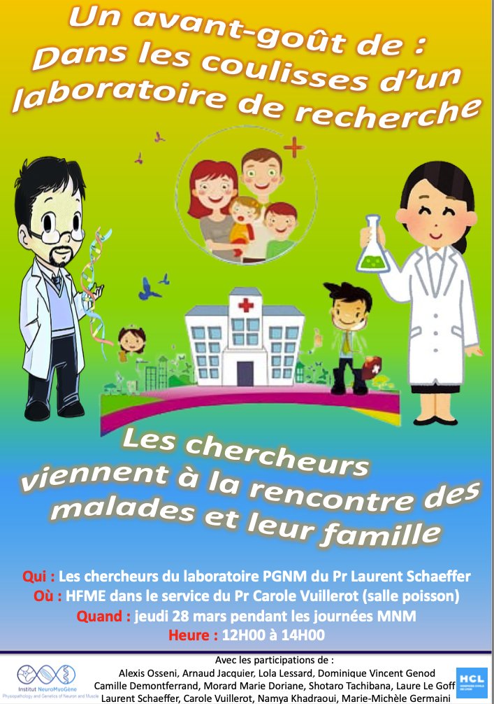 Ce 28 mars, des chercheurs du  laboratoire PGNM se sont déplacés à l'HFME, à la rencontre du personnel médical, des malades et leur  famille, pour leur présenter le monde de la recherche fondamentale. De belles rencontres et discussions!🤝 L'expérience sera renouvelée le 13 juin!
