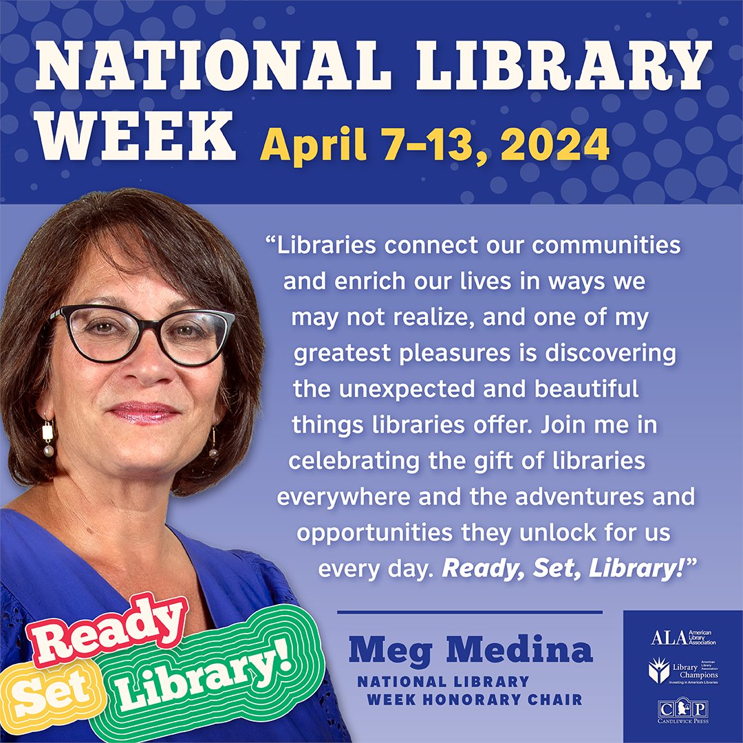 National Ambassador for Young People’s Literature and Newbery and Pura Belpré-award winning author Meg Medina will serve as 2024 Honorary Chair.🎉📚
#nationallibraryweek2024 #readysetlibrary #megmedina #honorarychair