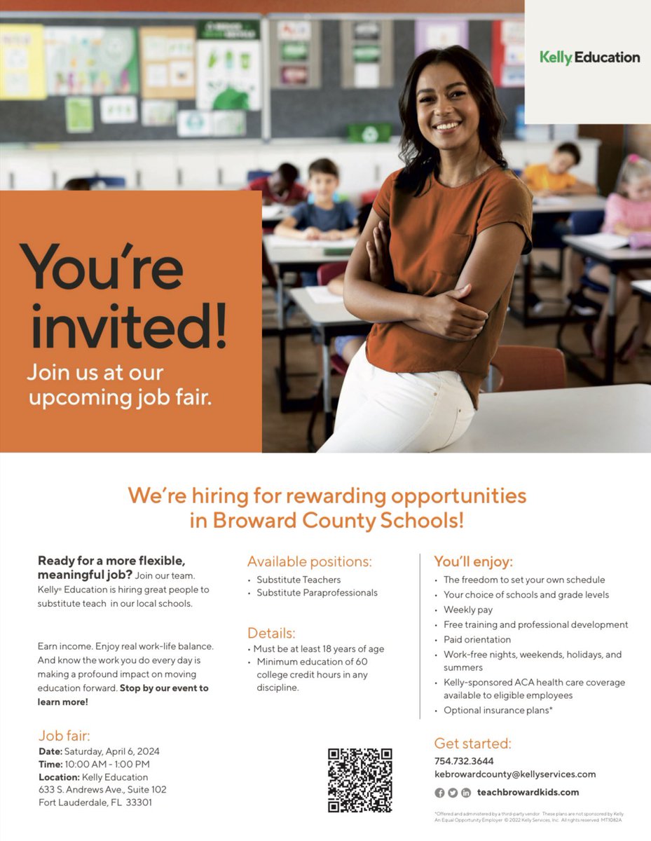 Kelly Education Broward is hiring substitute teachers and teacher assistants for this 2024-2025 school year! 🗓️April 6th ⏰10AM to 1PM ➡️Register: forms.office.com/pages/response… #KellyEdBroward #TeachingJobs #HiringTeachers #DistrictJobs #BrowardCounty