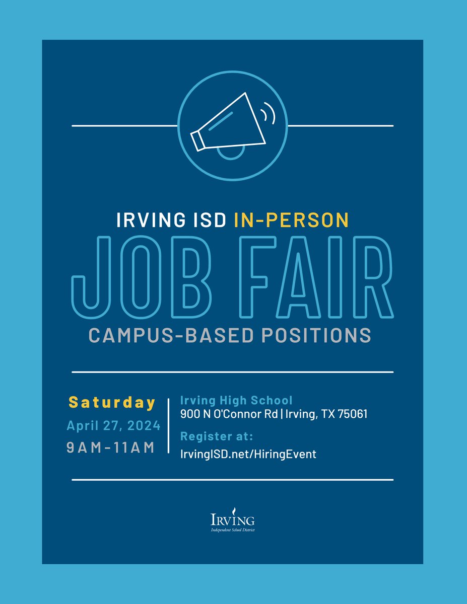 Spread the word 📢 If you or someone you know is interested in a career at Irving ISD, don't miss the opportunity to interview with our campus hiring teams! The @IrvingISD job fair will be held @IrvingHigh on April 27th from 9am to 11am. Sign up: irvingisd.net/hiringevent