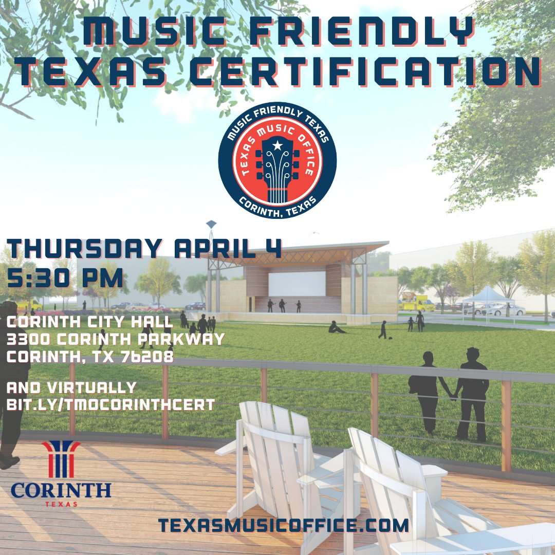 Join the Texas Music Office (TMO) & @CityofCorinth on Thurs. 4.4.24 @ 5:30PM as Corinth becomes the 59th community in Texas to receive the @MusicFriendlyTX Certified Community Designation from the TMO! Hybrid & free and open to the public. More info: gov.texas.gov/music/post/tex…
