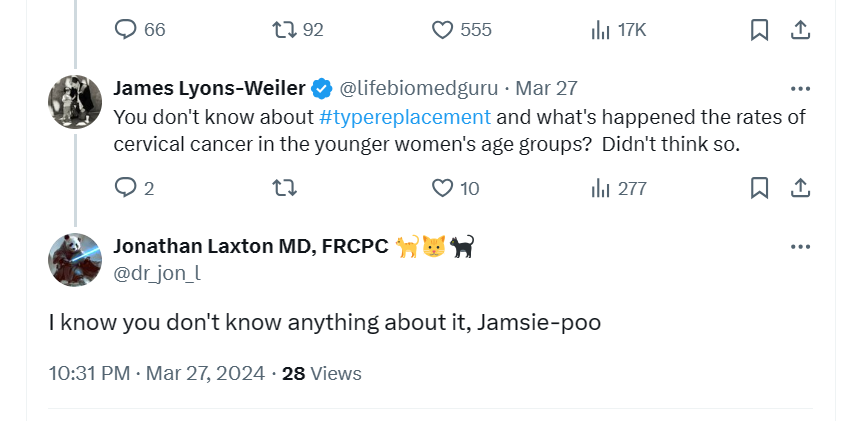 lifebiomedguru's tweet image. I just love it when an MD who has not read the literature on HPV vaccine type replacement tells a PhD who has that he knows nothing about #typereplacement.  @Dr_JonL   Here&apos;s a free lecture, jonnie-poo.  Explain the INCREASE in the younger groups of vaccinated women?…
