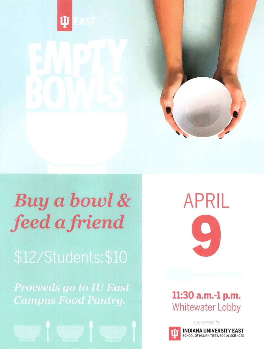 Come join @iueast in fighting world hunger with Empty Bowls on April 9th!! Enjoy a simple meal of soup, salad, and bread in a bowl handcrafted by a ceramics student, campus volunteer, or local potter that you keep with a cash donation! #iu #iue #iueast #ceramics
