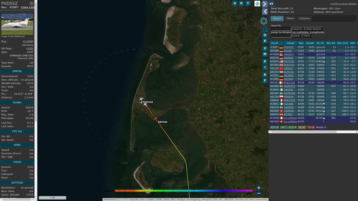 AboveEDXW's tweet photo. #PVD55Z: PAD Aviation Service (#Embraer Phenom 300 • D-CMMP)
2.0 km out at 0 ft - heading NW with 20.7 km/h.
https://t.co/U6YKI9OPqs
5033 • 15:55:43
#GWT #EDXW #adsb https://t.co/EoJp4VHDA7