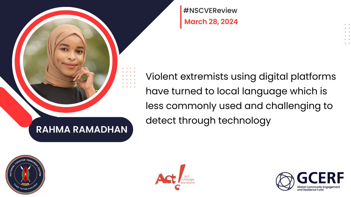 'Violent extremists using digital platforms have turned to local language, which is less commonly used and challenging to detect through technology.' - @_RahmaRamadhan from @CHRIPSKE

#NSCVEReview #SecureKe #TuweTayariKuilinda #BeVigilant

@tendasasa @theGCERF @GCERF_ED