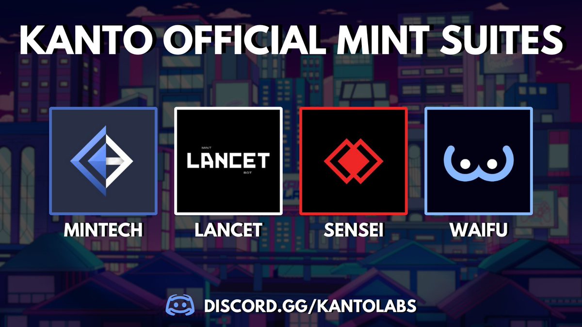 Artists need great brushes; traders need top-notch Mint Suites to excel. 🔝

KANTO LABS offers elite members discounted access to not one but FOUR premier minting suites!

 • MINTECH
 • LANCET
 • SENSEI
 • WAIFU

A big thank you to our partners for making this possible! 💜