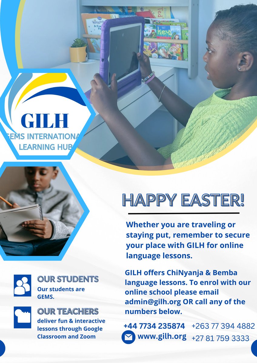 HAPPY EASTER!! Whether you are traveling or staying put, remember to secure your place with GILH for online language lessons. To enrol with us please email admin@gilh.org OR call: +44 7734 235874 +263 77 394 4882 +27 81 759 3333