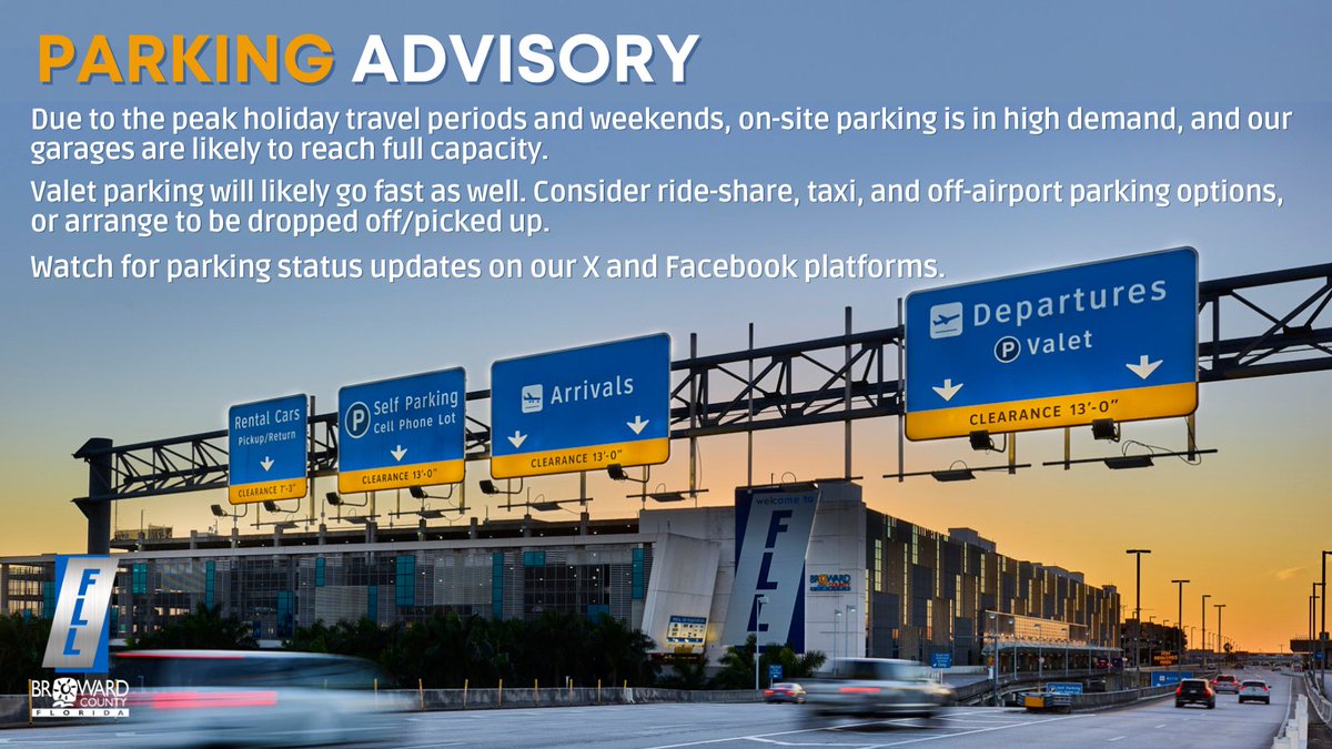 #ParkingAdvisory: Due to peak #spring travel activity at #FLL, on-site parking is in high demand, and our garages could reach full capacity this #Easter holiday weekend. Valet spots will likely go fast as well. Keep watch for parking updates on our X (Twitter) and Facebook pages.