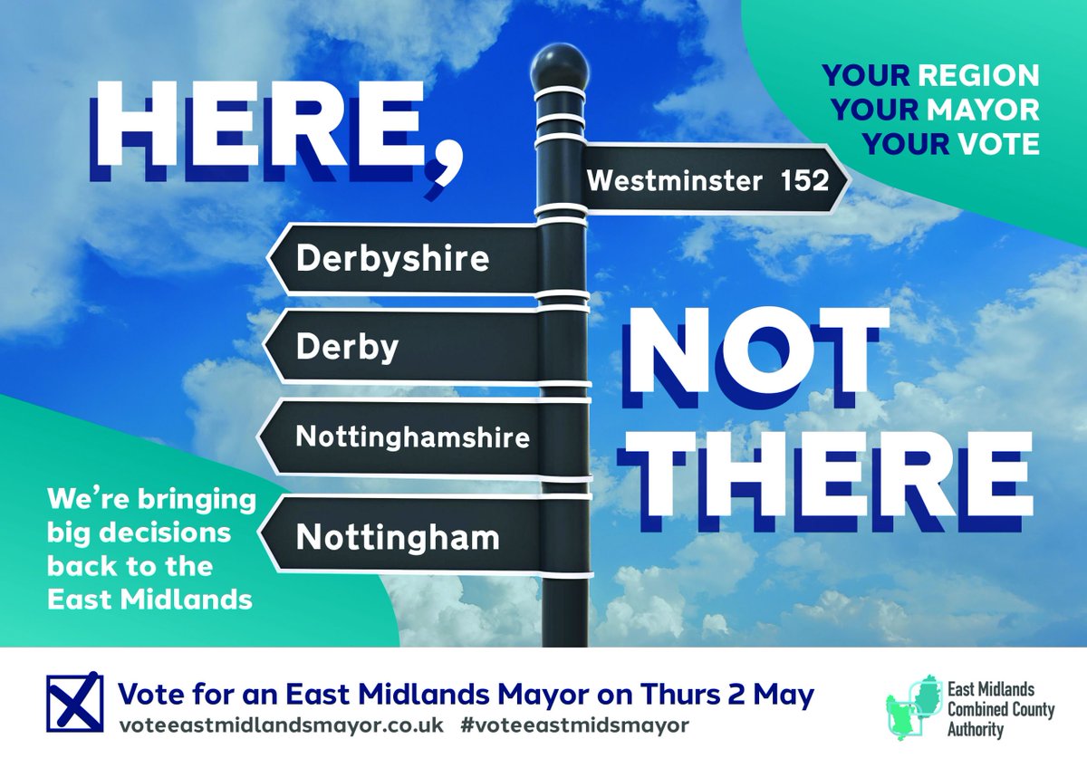 Our region, our mayor, our vote: have your say in the first ever election for a #Mayor for the East Midlands, taking place on Thursday 2 May 2024 #eastmidlandsdevolution 🚩 Find out more: bit.ly/4998Lyk